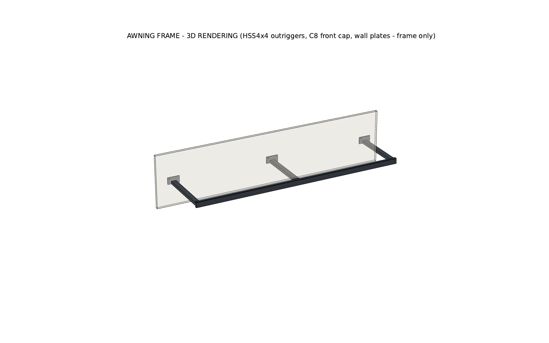 3D rendering of steel awning frame with HSS outriggers and C8 front cap